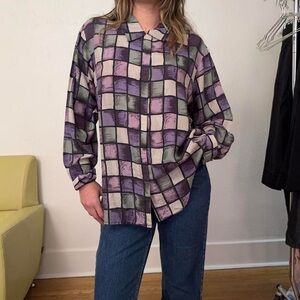 Vintage Purple Silk Graphic  Checkered / Square Print Button Down